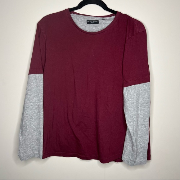 Brave Soul London Faux Long Sleeve Tee Shirt 100% cotton burgundy and grey XL - Picture 2 of 7